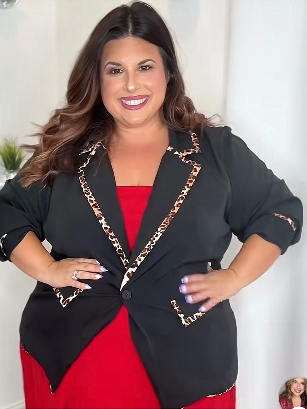 Plus Size Black Blazer with Leopard Trim